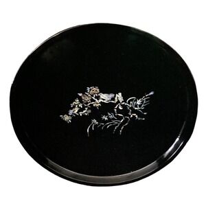 Vintage Japanese Black Lacquer ware  Tray Mother of Pearl Inlay Bird  round